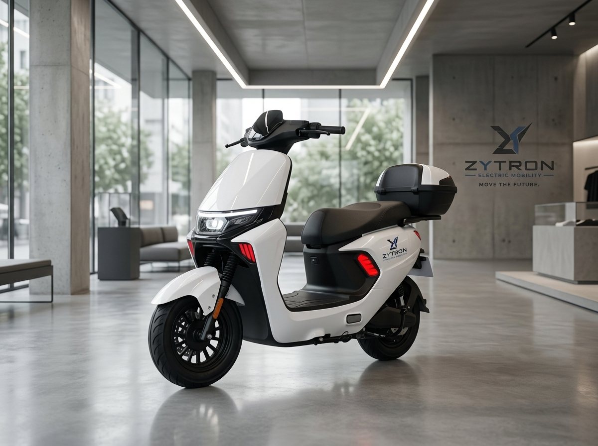 Scooter elétrica Zytron branca com baú traseiro em showroom